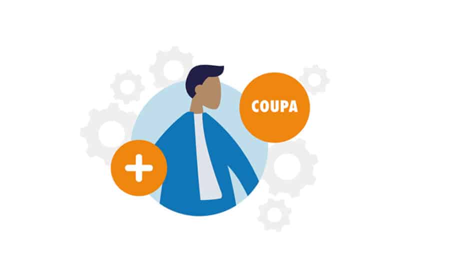 A man in a suit is standing next to a coupa logo and a plus button.