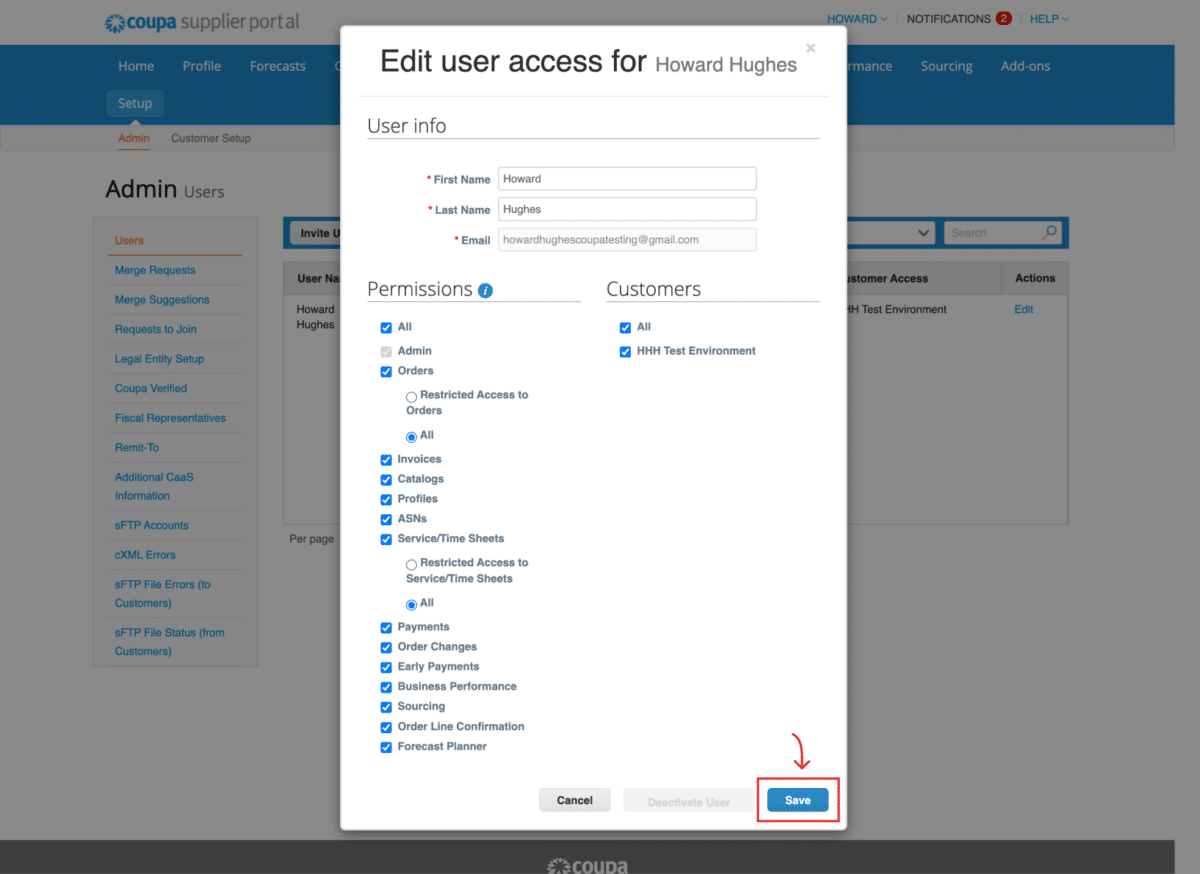 A screenshot of Step 9 of How to Add and Edit Users in your Coupa account