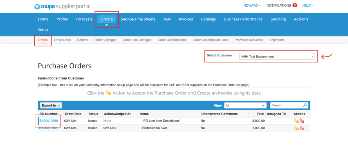 A screenshot of Step 1 of How to View and Acknowledge a Purchase Order