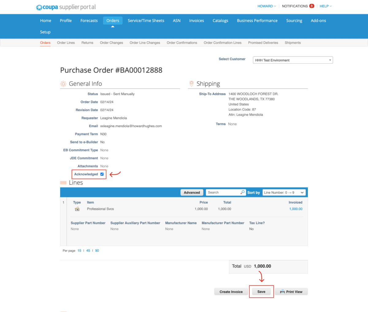 A screenshot of Step 2 of How to View and Acknowledge a Purchase Order