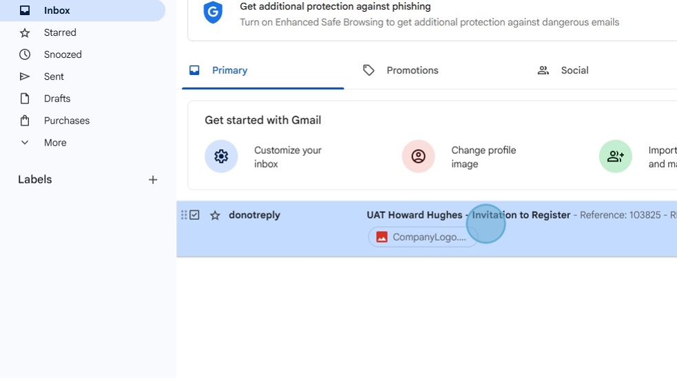 Screenshot of a Gmail inbox showing one unread email from 