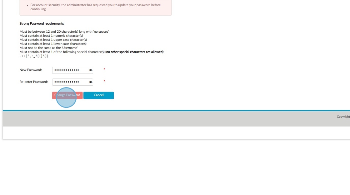 Password reset page showing strong password requirements, fields for new password and confirmation, and an error message prompting the user to update their password.