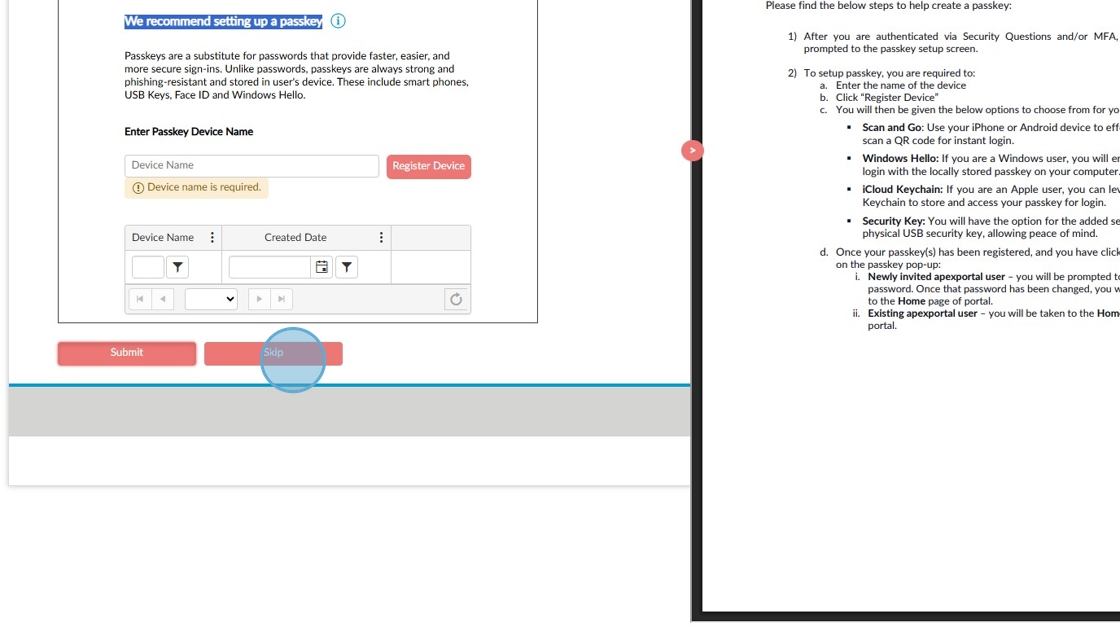 A screenshot shows a registration form for setting up a passkey device on the left and password setup instructions on the right. A blue “Step” label is partially over the “Submit” button at the bottom.