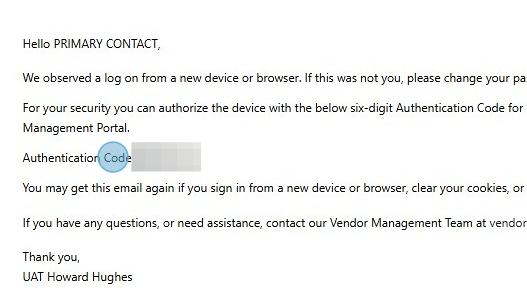 A screenshot of an email notifying the recipient of a login from a new device, including an obscured six-digit authentication code for security verification.