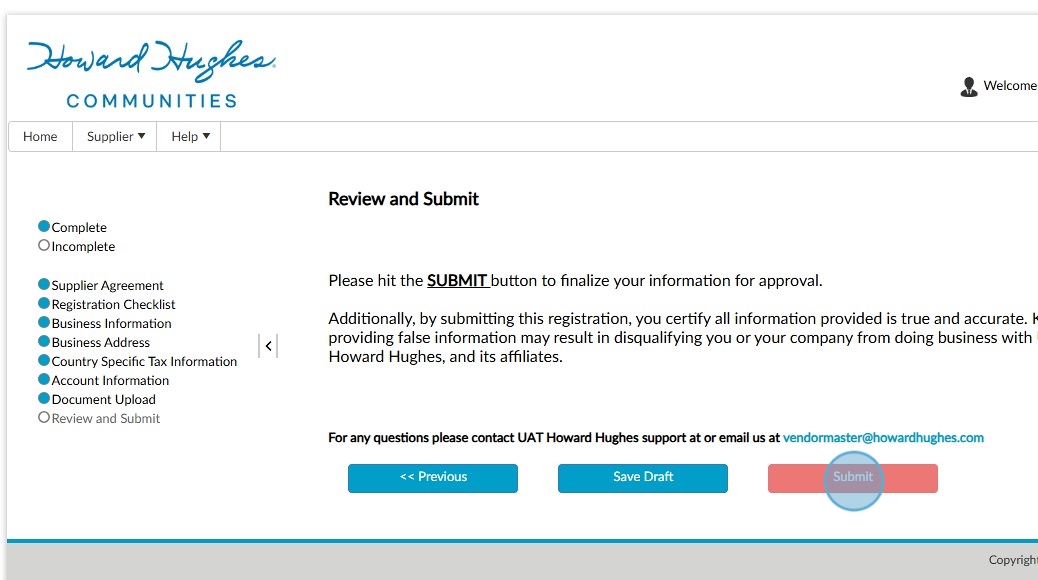 Screenshot of an online registration form for Howard Hughes Communities, displaying instructions to submit information for approval and navigation buttons at the bottom.