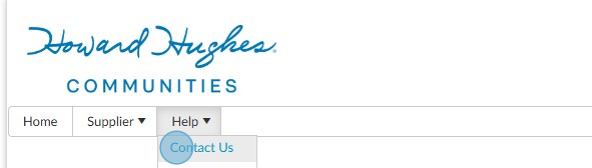 Howard Hughes Communities website header with navigation tabs Home, Supplier, and Help; Help dropdown menu showing 'Contact Us' option.