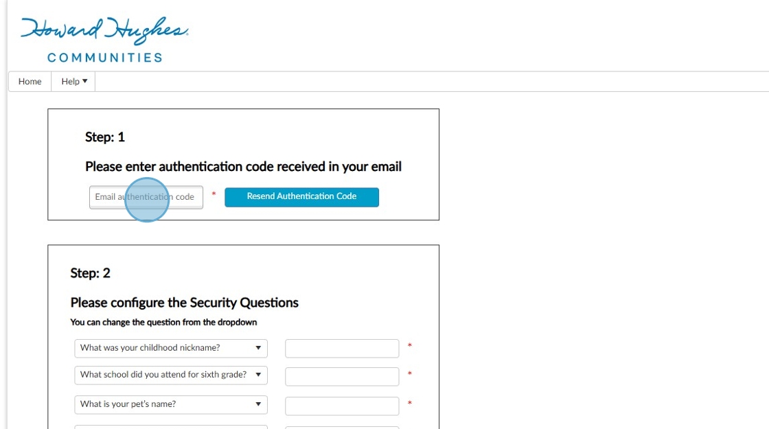 A webpage prompts the user to enter an email authentication code and configure security questions for account verification.