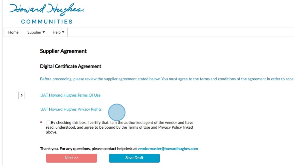 A webpage for a supplier agreement with checkboxes for terms of use and privacy rights, and buttons labeled 