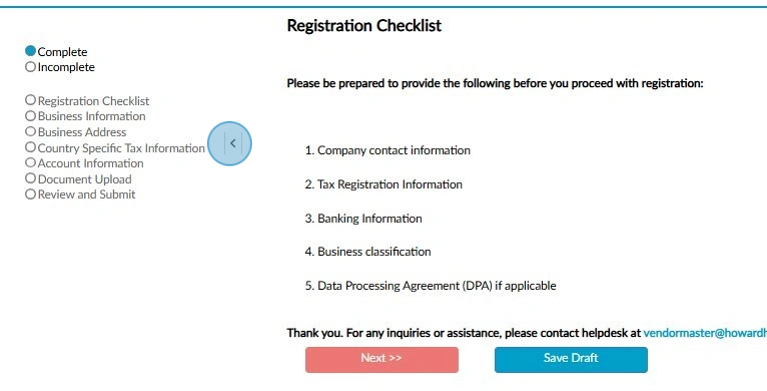 Screenshot of a registration checklist with steps and required information, including contact, tax, and banking details; options to save draft or proceed to the next step are visible.