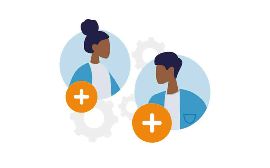 Illustration of two people, one with a bun and one with short hair, each with an orange circle and white plus sign over their lower half, and gears in the background.