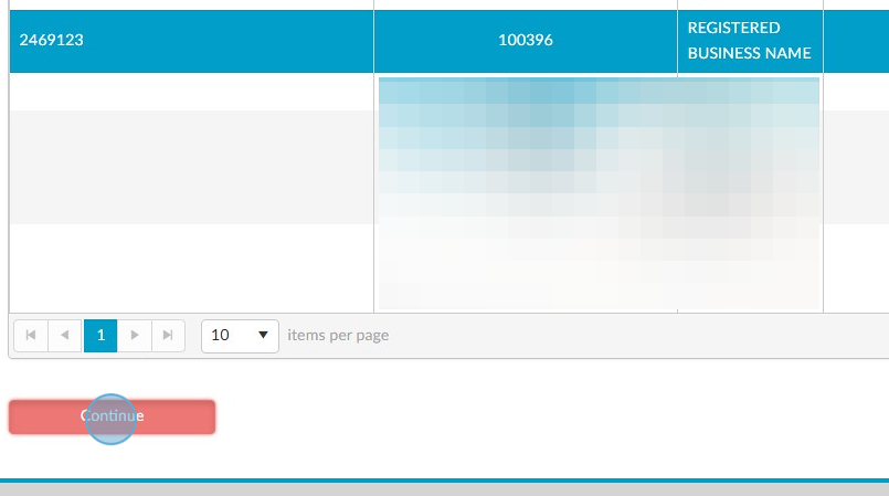 A web page showing a data table with registration numbers, business names, and a blurred cell, with a red “Continue” button at the bottom.