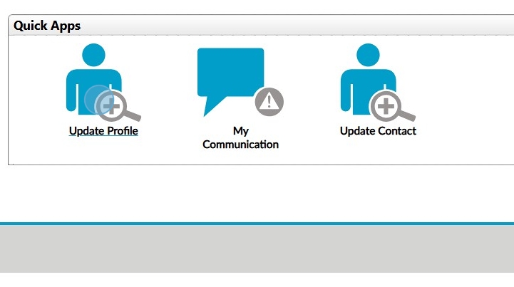 Three icons labeled “Update Profile,” “My Communication,” and “Update Contact” are shown under a heading “Quick Apps” on a digital interface.