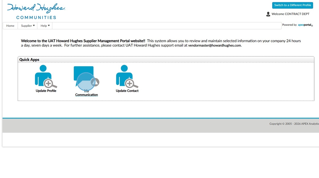 Screenshot of the Howard Hughes Supplier Management Portal homepage showing navigation options: Update Profile, Communication, and Update Contact, with a welcome message at the top.