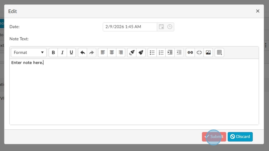 Edit note window with a date field, rich text toolbar, text area showing 