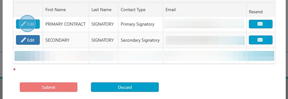 Table with contact information fields and options to edit or resend details; red 