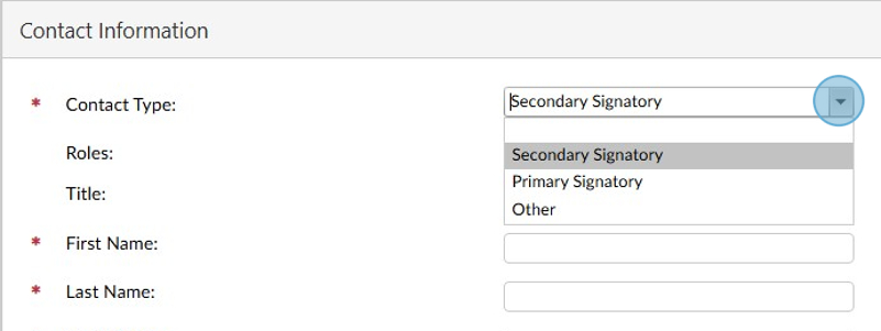 An online form displays a dropdown menu for contact type with options: Secondary Signatory, Primary Signatory, and Other. Fields for roles, title, first name, and last name are shown.
