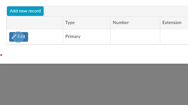 A web form displays a table with columns for Type, Number, and Extension, and an 